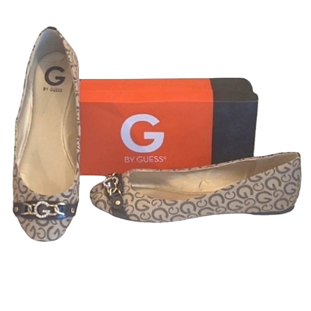 G by GUESS Flynn Ballet Flat Fabric Logo G Jeweled Charm Buckle Strap Slip On